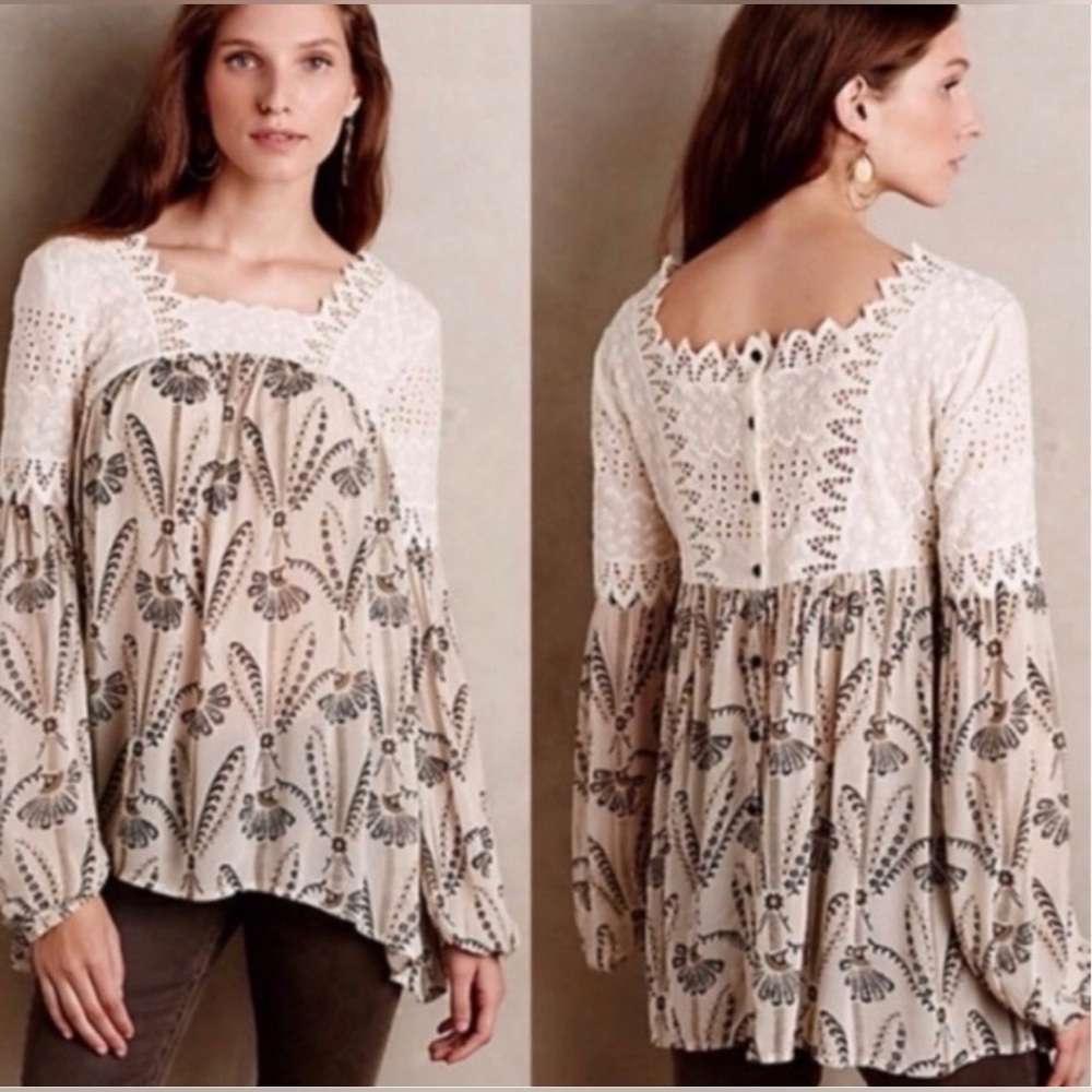 Anthropologie Elegant Cream and Black Lace Women's Blouse. *Minor Call-out.